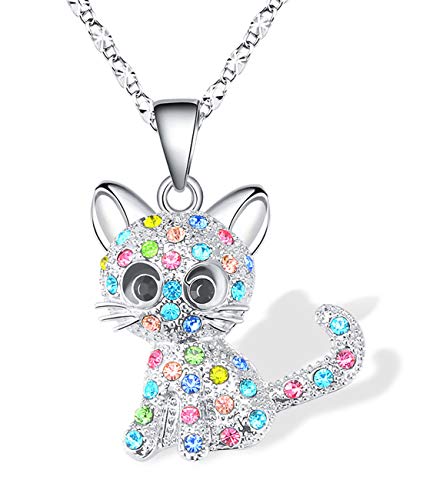 Lanqueen Kitty Cat Pendant Necklace Jewelry for Girls Cat Gifts for Cat Lover Niece Daughter Granddaughter Loved Necklace 18+2.3 inch Chain,Color