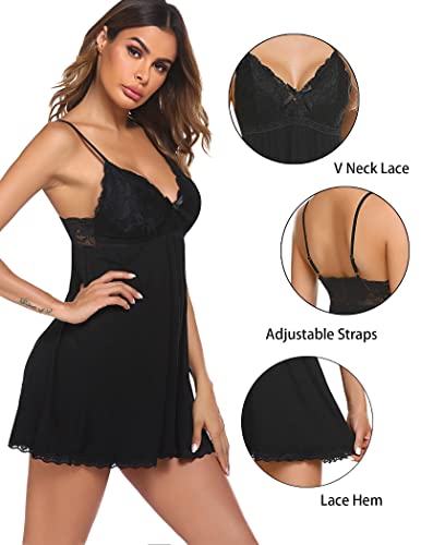 Avidlove Womens Sleepwear Lace Babydoll Sexy Chemise V-Neck Nightgown Modal Nightie(Black,L)