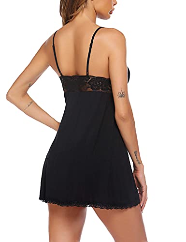 Avidlove Womens Sleepwear Lace Babydoll Sexy Chemise V-Neck Nightgown Modal Nightie(Black,L)