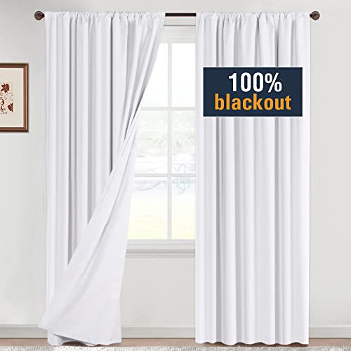 H.VERSAILTEX 100% Blackout White Curtains 96 Inches Long Full Light Blocking Curtain Draperies with Soft White Coating for Bedroom Living Room Thermal Insulated Window Treatment Set of 2 Panels