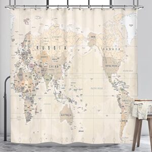 riyidecor world map shower curtain travel educational vintage geography retro countries capital the earth decor bathroom fabric set polyester waterproof fabric 72wx72h inch 12 pack plastic hooks
