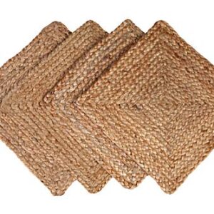 GLAMBURG Jute Braided Placemats Set of 4 Reversible, 100% Jute, Nonslip 13x13 Square Farmhouse Vintage Jute Placemats for Dining Table, Perfect for Indoor Outdoor, Natural