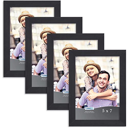 Icona Bay 5x7 Picture Frame Set (Black, 4 Pack), Simple Modern Design, Table Top Kickstand and Wall Hanging Hooks Included, Impresia Collection