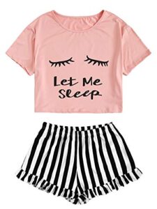 wdirara women's sleepwear closed eyes print tee and shorts cute pajama set pink xs
