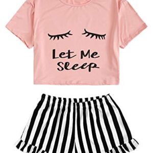 WDIRARA Women's Sleepwear Closed Eyes Print Tee and Shorts Cute Pajama Set Pink XS