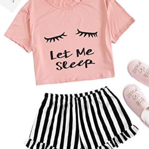 WDIRARA Women's Sleepwear Closed Eyes Print Tee and Shorts Cute Pajama Set Pink XS