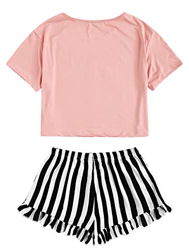 WDIRARA Women's Sleepwear Closed Eyes Print Tee and Shorts Cute Pajama Set Pink XS