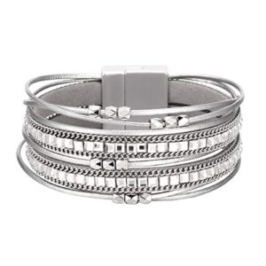 fesciory leather wrap bracelets for women, boho leopard multi-layer crystal beads cuff bracelet jewelry