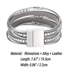 Fesciory Leather Wrap Bracelets for Women, Boho Leopard Multi-Layer Crystal Beads Cuff Bracelet Jewelry