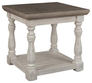 signature design by ashley havalance farmhouse square end table with floor shelf, vintage gray & white with weathered finish