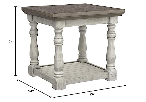 Signature Design by Ashley Havalance Farmhouse Square End Table with Floor Shelf, Vintage Gray & White with Weathered Finish