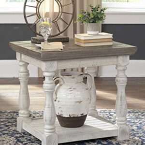 Signature Design by Ashley Havalance Farmhouse Square End Table with Floor Shelf, Vintage Gray & White with Weathered Finish