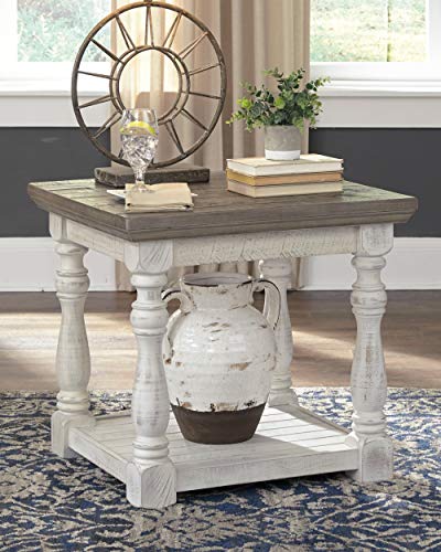 Signature Design by Ashley Havalance Farmhouse Square End Table with Floor Shelf, Vintage Gray & White with Weathered Finish