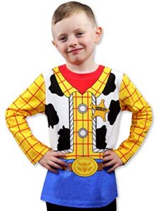 disney toy story boys’ woody long sleeve costume t-shirt for infant, toddler and little kids – blue/yellow