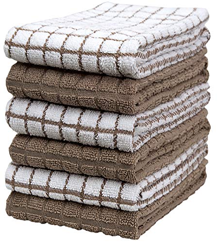 Kitchen Towels 16"x 28" | Dish Towels | Kitchen Hand Towels | Large Dishcloths Set | Highly Absorbent Tea Towel, Soft with Hanging Loop | Natural Ring Spun Cotton, 380 GSM | Tan Check Design - 6 Pack