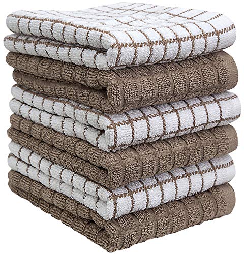 Kitchen Towels 16"x 28" | Dish Towels | Kitchen Hand Towels | Large Dishcloths Set | Highly Absorbent Tea Towel, Soft with Hanging Loop | Natural Ring Spun Cotton, 380 GSM | Tan Check Design - 6 Pack