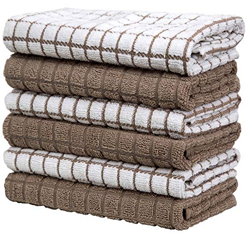 Kitchen Towels 16"x 28" | Dish Towels | Kitchen Hand Towels | Large Dishcloths Set | Highly Absorbent Tea Towel, Soft with Hanging Loop | Natural Ring Spun Cotton, 380 GSM | Tan Check Design - 6 Pack