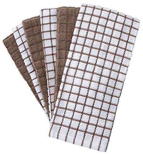 Kitchen Towels 16"x 28" | Dish Towels | Kitchen Hand Towels | Large Dishcloths Set | Highly Absorbent Tea Towel, Soft with Hanging Loop | Natural Ring Spun Cotton, 380 GSM | Tan Check Design - 6 Pack