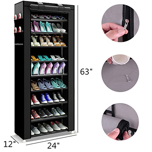 PENGKE Large Shoe Rack Storage Organizer with Dustproof Cover Closet Shoe Cabinet Tower,9 Tiers Black