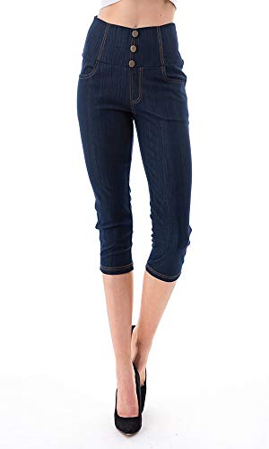 Women's High Waist Stretch Skinny Denim Capri Jeggings with Pockets Reg-Plus Size (XX-Large, Capri-Navy)