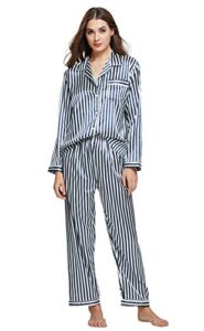 tony & candice women's classic satin pajama set sleepwear loungewear (blue and white striped, medium)