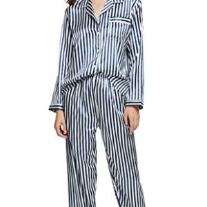 TONY & CANDICE Women's Classic Satin Pajama Set Sleepwear Loungewear (Blue and White Striped, Medium)