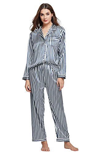 TONY & CANDICE Women's Classic Satin Pajama Set Sleepwear Loungewear (Blue and White Striped, Medium)