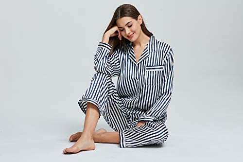 TONY & CANDICE Women's Classic Satin Pajama Set Sleepwear Loungewear (Blue and White Striped, Medium)