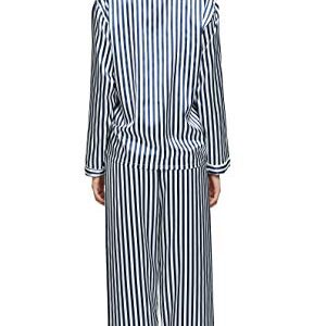 TONY & CANDICE Women's Classic Satin Pajama Set Sleepwear Loungewear (Blue and White Striped, Medium)