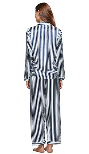 TONY & CANDICE Women's Classic Satin Pajama Set Sleepwear Loungewear (Blue and White Striped, Medium)