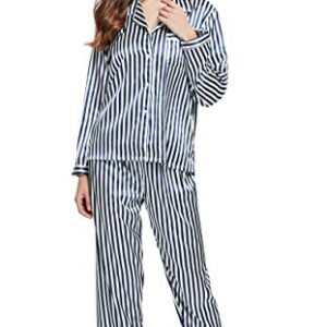 TONY & CANDICE Women's Classic Satin Pajama Set Sleepwear Loungewear (Blue and White Striped, Medium)