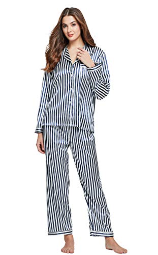 TONY & CANDICE Women's Classic Satin Pajama Set Sleepwear Loungewear (Blue and White Striped, Medium)