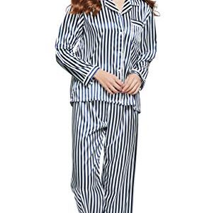 TONY & CANDICE Women's Classic Satin Pajama Set Sleepwear Loungewear (Blue and White Striped, Medium)