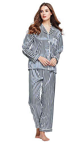 TONY & CANDICE Women's Classic Satin Pajama Set Sleepwear Loungewear (Blue and White Striped, Medium)