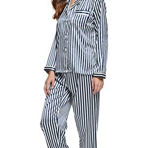 TONY & CANDICE Women's Classic Satin Pajama Set Sleepwear Loungewear (Blue and White Striped, Medium)