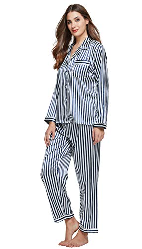 TONY & CANDICE Women's Classic Satin Pajama Set Sleepwear Loungewear (Blue and White Striped, Medium)