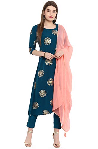 Janasya Indian Women's Tunic Tops Crepe Kurti Set with Dupatta for Women(SET058-KR-NP-S) Turquoise