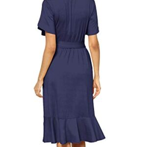 Women's Plain Casual Swing Midi Modest Belt Dress Deep Blue L