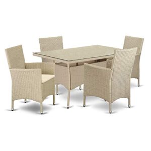 East West Furniture Valencia 5 Piece Outdoor Wicker Patio Furniture Sets Includes a Rectangle Bistro Dining Table with Glass Top and 4 Balcony Armchair with Cushion, 35x55 Inch, Cream