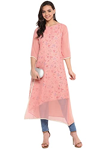 Janasya Indian Women's Tunic Tops Crepe Kurti for Women(JNE3252-KR-S) Pink