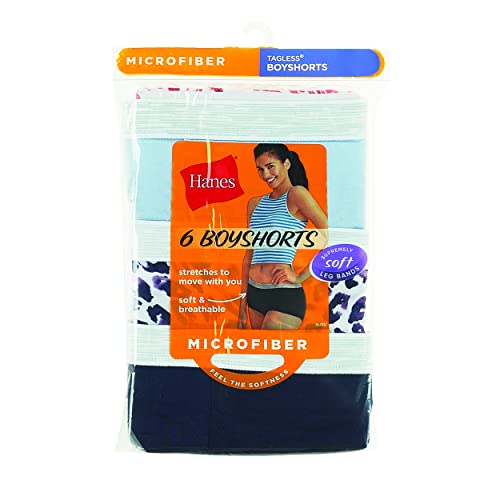 Hanes Women's Cool Comfort Sporty Microfiber Boyshort Underwear, 6 Pack-Assorted, 6