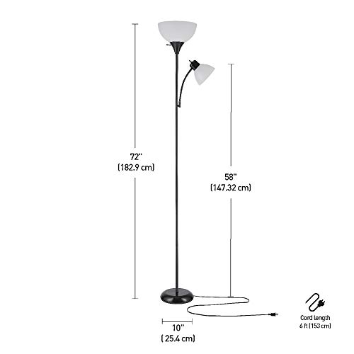 Globe Electric 67135 72" Torchiere Floor Lamp + Adjustable Reading Light, Matte Black, Frosted Plastic Shade, 3-Step Rotary Switch on Floor Lamp Socket, Home Improvement, Home Office Accessories