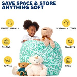 5 STARS UNITED Stuffed Animal Storage Bean Bag – Toy Storage Organizer and Bean Bag Chair for Kids Holds up to 90+ Plush Toys – Cotton Canvas Bags Cover for Boys and Girls Ages 4-11, Mint Roses