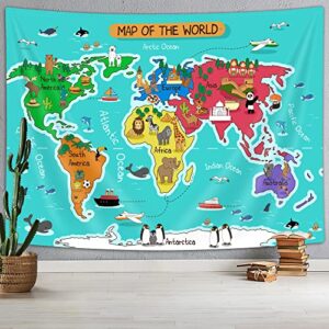 cartoon world map tapestry wanderlust, cartoon animal mountains forests world map for children and kids tapestry wall hanging, wall blankets home decor beach towel tv background panels 60x40 in