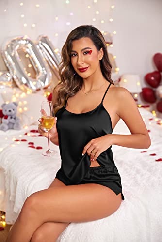 Ekouaer Womens Pajama Sets Lingerie Satin Sleepwear Cami Shorts Set 2 Piece Silk Pjs Nightwear Gift Black