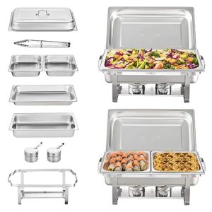 mophorn chafing dish buffet set, 8 qt 2 pack, stainless chafer w/ 2 full & 4 half size pans, rectangle catering warmer server w/lid water pan folding stand fuel tray holder clip