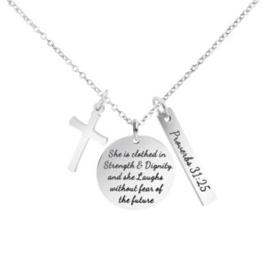 memgift christian necklace stainless steel cross pendant jewelry for women she is clothed in strength and dignity and she laughs without fears of the future
