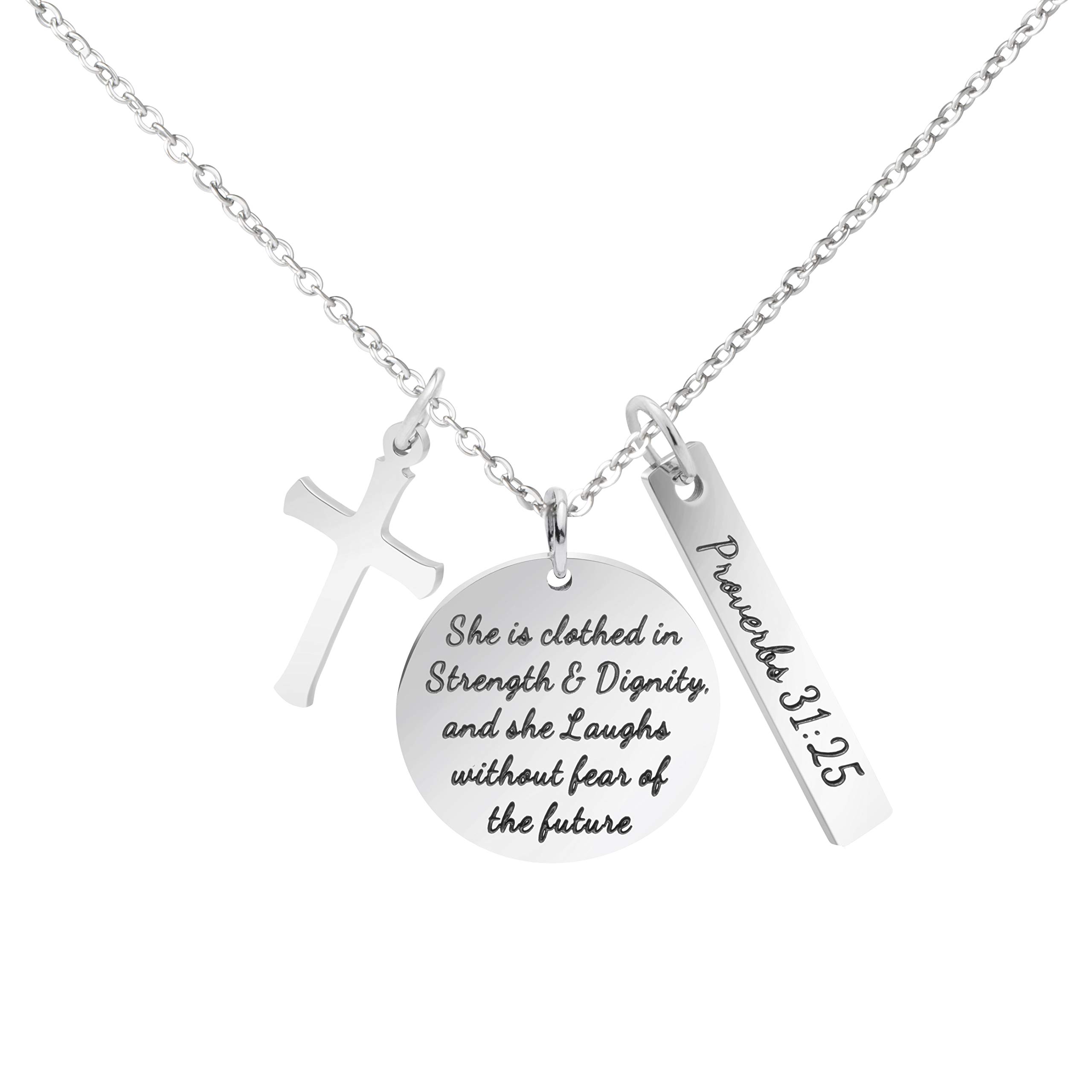 Memgift Christian Necklace Stainless Steel Cross Pendant Jewelry for Women She is Clothed in Strength and Dignity and She Laughs without Fears of the Future