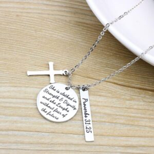 Memgift Christian Necklace Stainless Steel Cross Pendant Jewelry for Women She is Clothed in Strength and Dignity and She Laughs without Fears of the Future