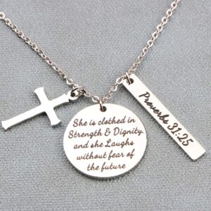 Memgift Christian Necklace Stainless Steel Cross Pendant Jewelry for Women She is Clothed in Strength and Dignity and She Laughs without Fears of the Future